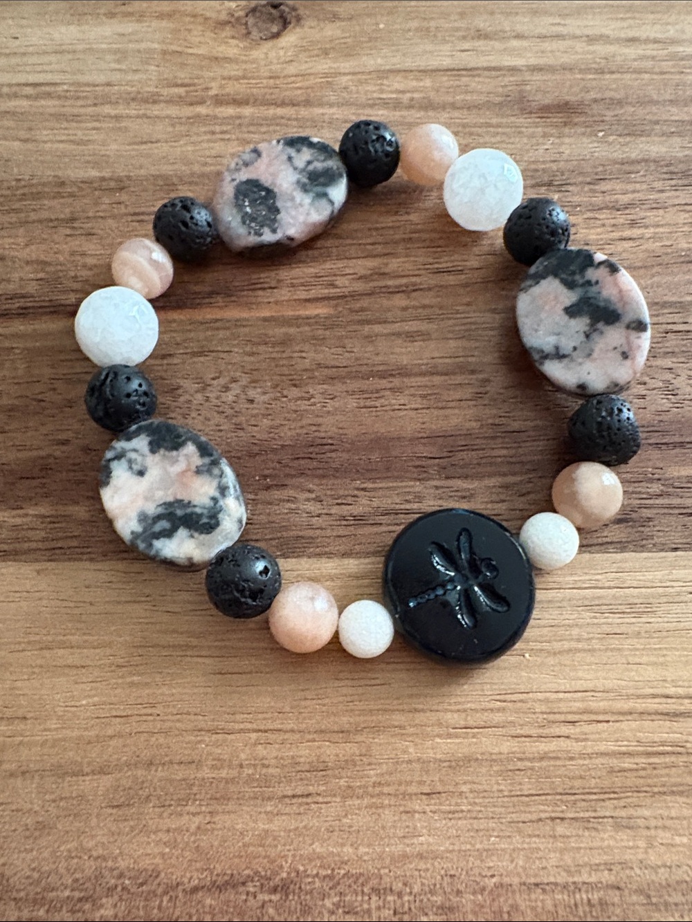 Handmade Pink and Black Natural Stone Beaded Bracelet